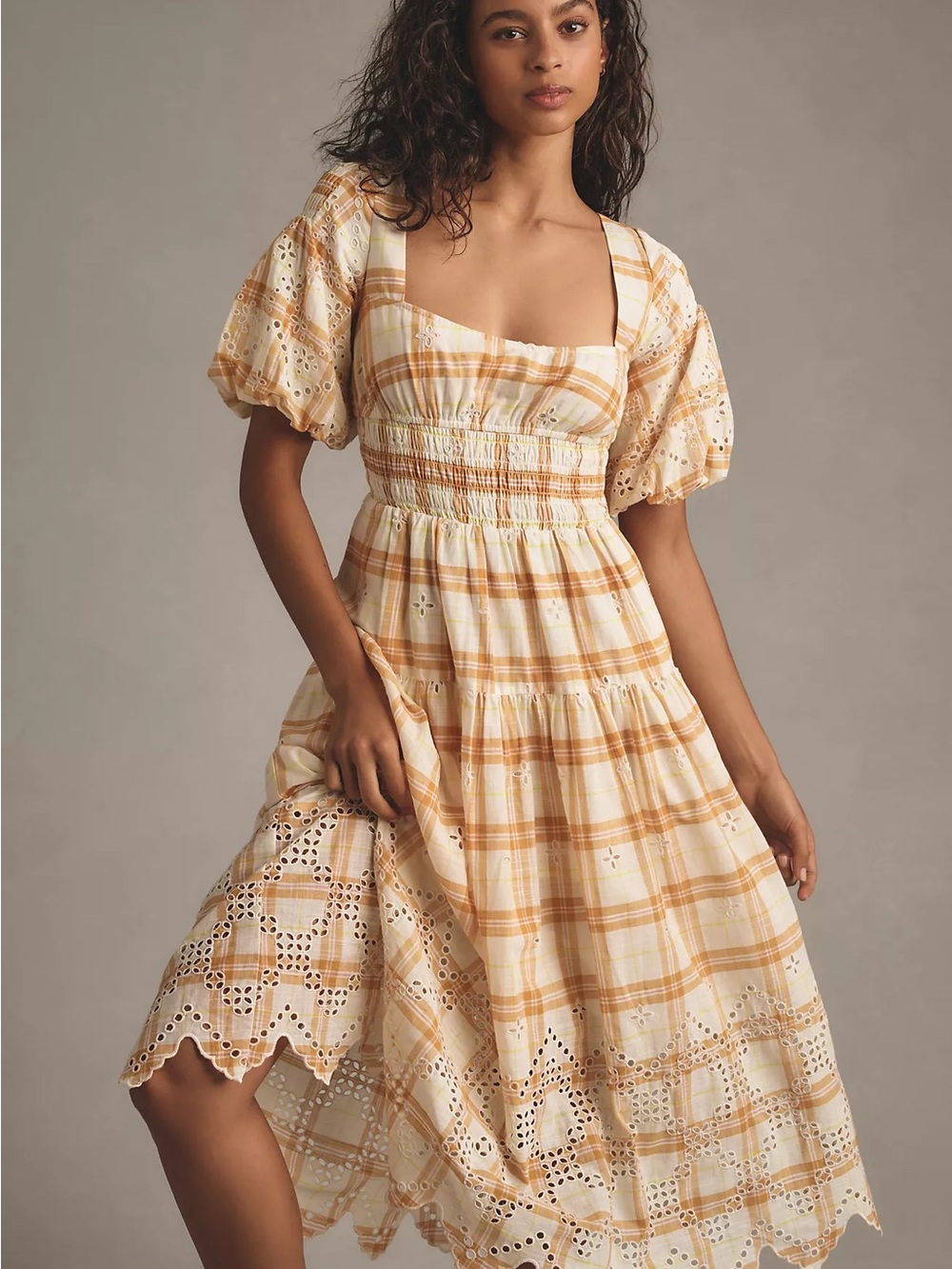 Anthropologie Puff-Sleeve Eyelet Midi Dress